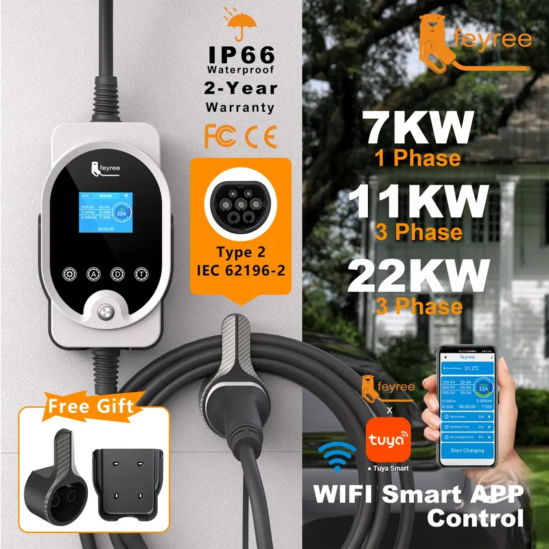 Feyree Typ2 EV-Ladegerät EVSE Wallbox 22KW 11KW 3P Smart APP Wi-Fi-Steuerung 7KW 32A 1P Einstellstrom- und Ladezeit für EV-Auto