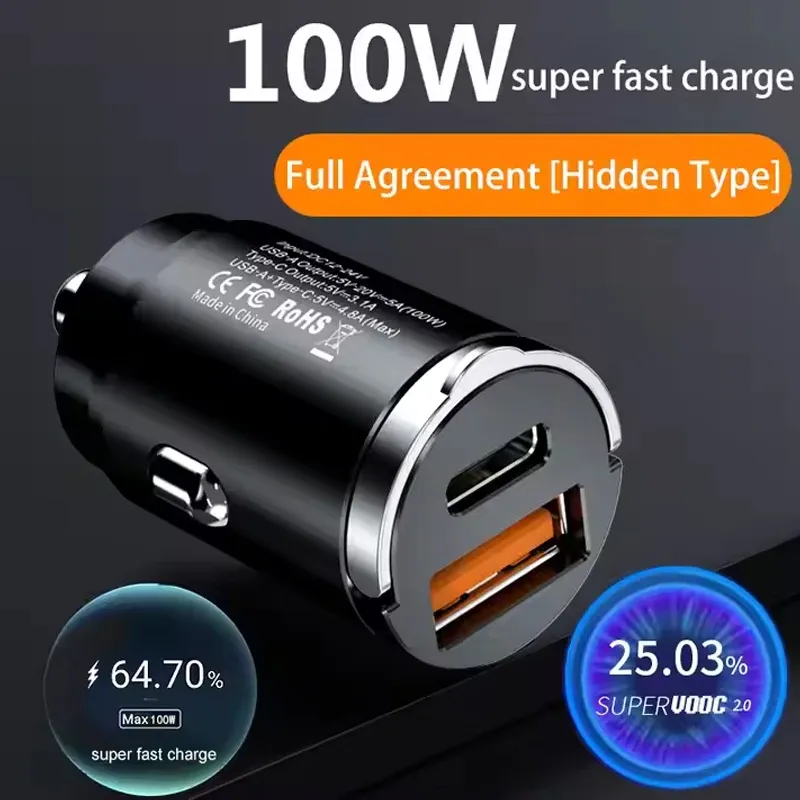 100W / 200W QC3.0 PD Autoladegerät 5A Schnellladung 2Port 12-24V Zigarettenanzünder Feuerzeug Auto USBC Ladegerät für iPhone Netzteil