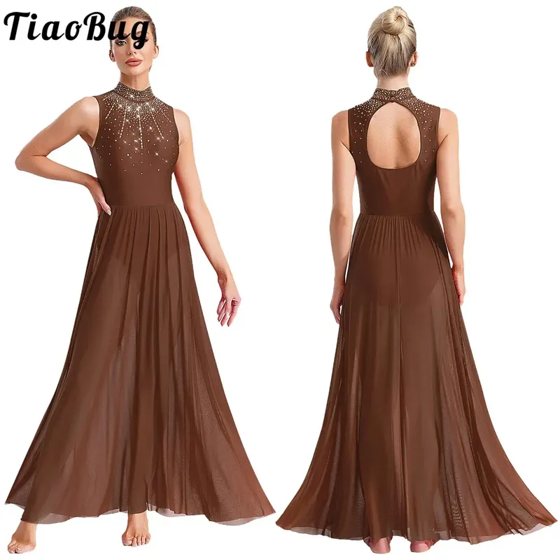 Lyrisches Ballett-Tanzkleid für Damen mit Ausschnitt hinten, Overlay-Trikot-Kostüm in voller Länge, lateinamerikanisches Rumba-Tango-Maxikleid, lange Tanzbekleidung