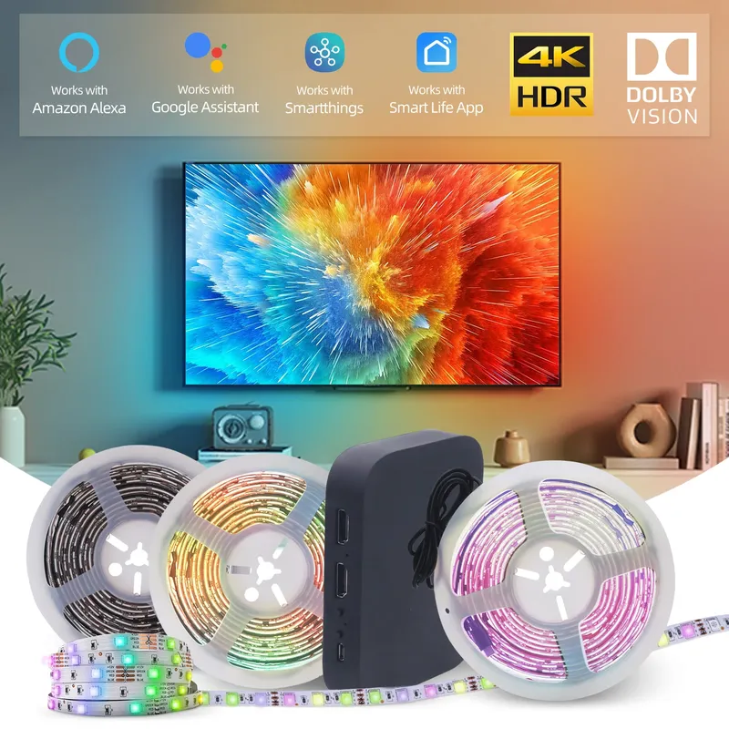 Smart AI Bildschirm Sync Box Umgebungs LED Streifen TV PC Monitor Hintergrundbeleuchtung HDMI 2,0 4K Gaming Musik Lichter WIFI Alexa Google Assistent