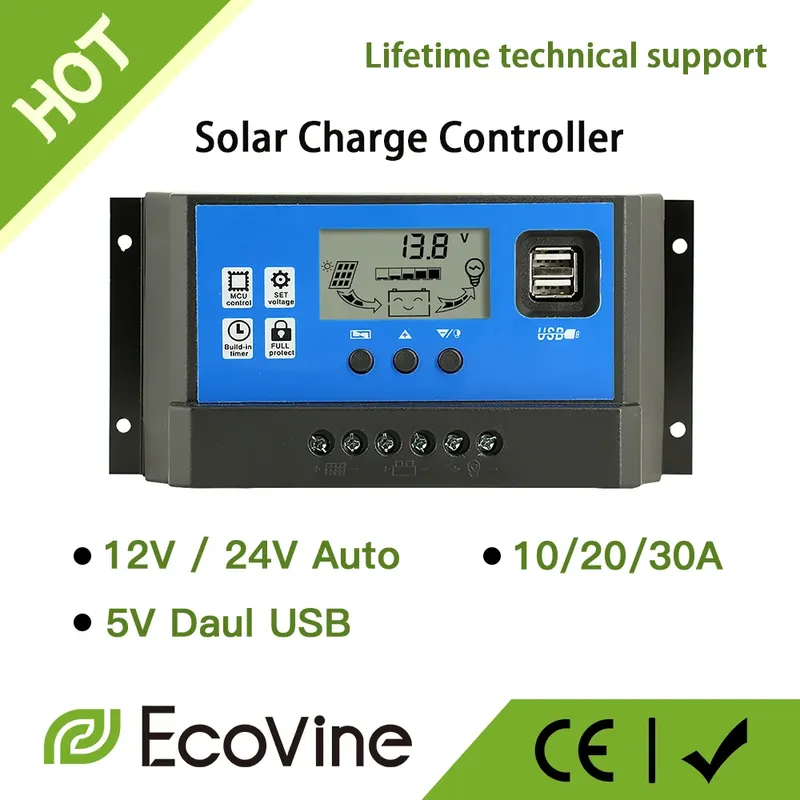 Solarpanel-Laderegler, 12 V, 24 V, PWM, MPPT, 10 A, 20 A, 30 A, Kfz-Batterieladegerät, Regler, USB-Ausgang, 5 V, max. PV, 50 V DC