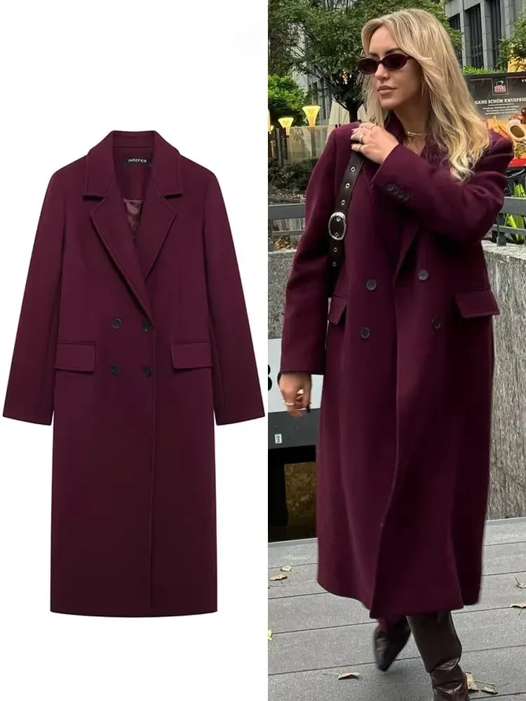 HH Frauen Mode Burgund Mantel Zweireiher Langarm Revers Blends Jacke Herbst Winter High Street Oberbekleidung