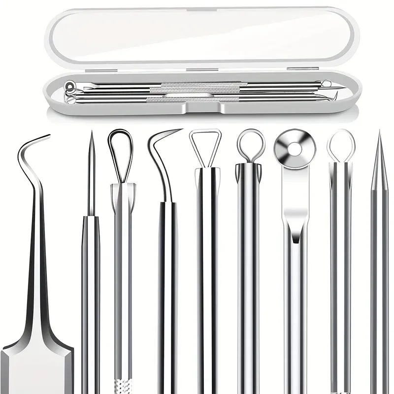 5PCS Mitesser Entferner Komedonen Extractor, Gebogene Mitesser Pinzette Kit, Professionelle Edelstahl Pickel Akne Makel Entfernung Zu