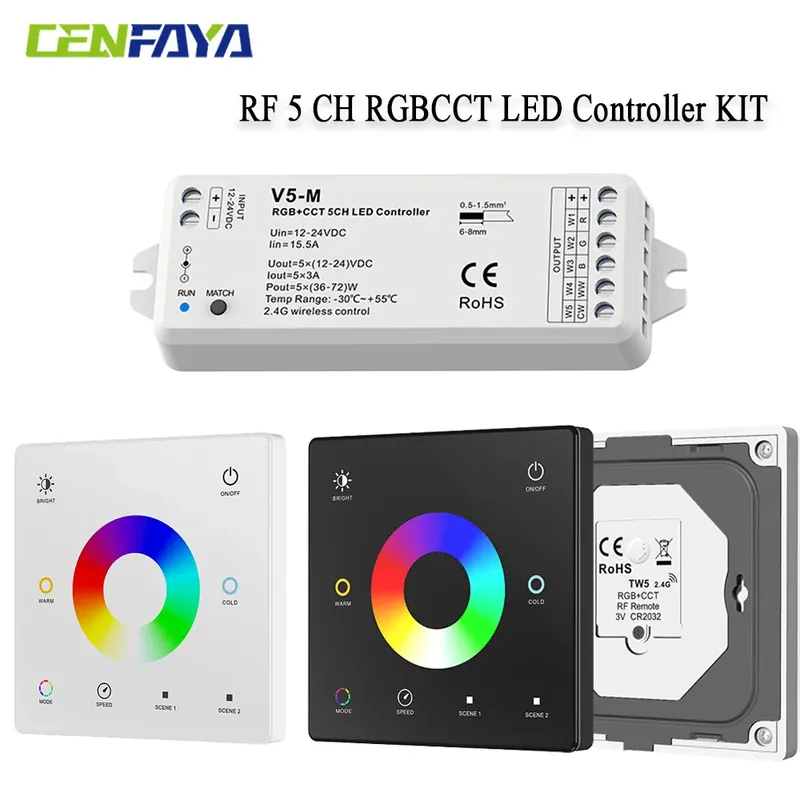 2,4 G Wireless 5-Kanal RGBCCT LED-Controller mit RF-Fernbedienung für RGBW RGBWW RGB CCT Lichtstreifen Farbwechsel DC12V 24V