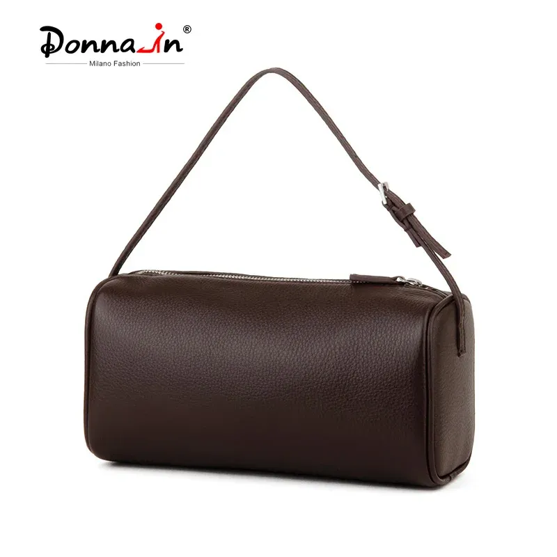 Donna-in Mini-Handtasche aus vollnarbigem Kalbsleder für Damen, echtes Leder mit Schultergurt, tonnenförmige Umhängetaschen