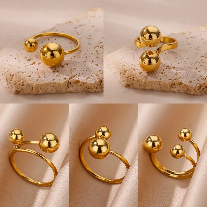 Edelstahl Doppels chicht Perlen Ringe für Frauen vergoldete geometrische Kugel Perle offenen Ring wasserdichten ästhetischen Punk Schmuck