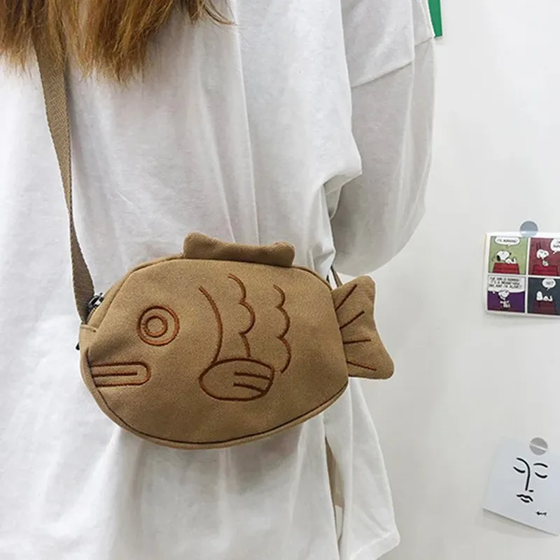 Fischform Canvas Umhängetasche Mode Niedliche Stickerei Tragbare Reißverschluss Kleine Geldbörsen Handtaschen Mini Umhängetasche