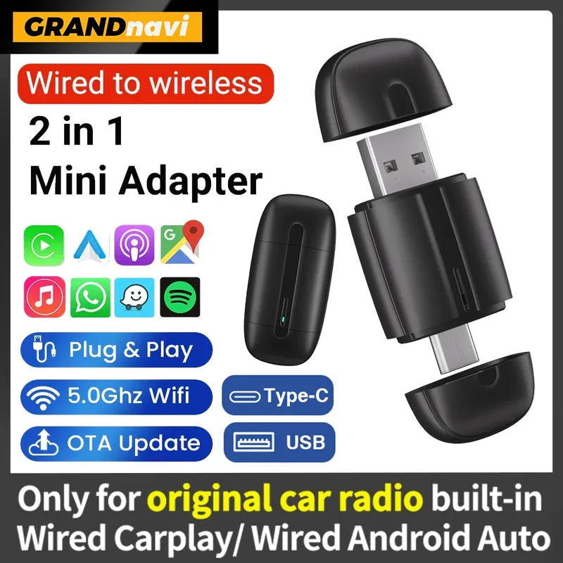 Dual Interface Wireless CarPlay Android Auto Wireless 2 ln1 Adapter 5 GHz WiF Smart Dongle Mini Box Stecker Schnelle Verbindung Universal