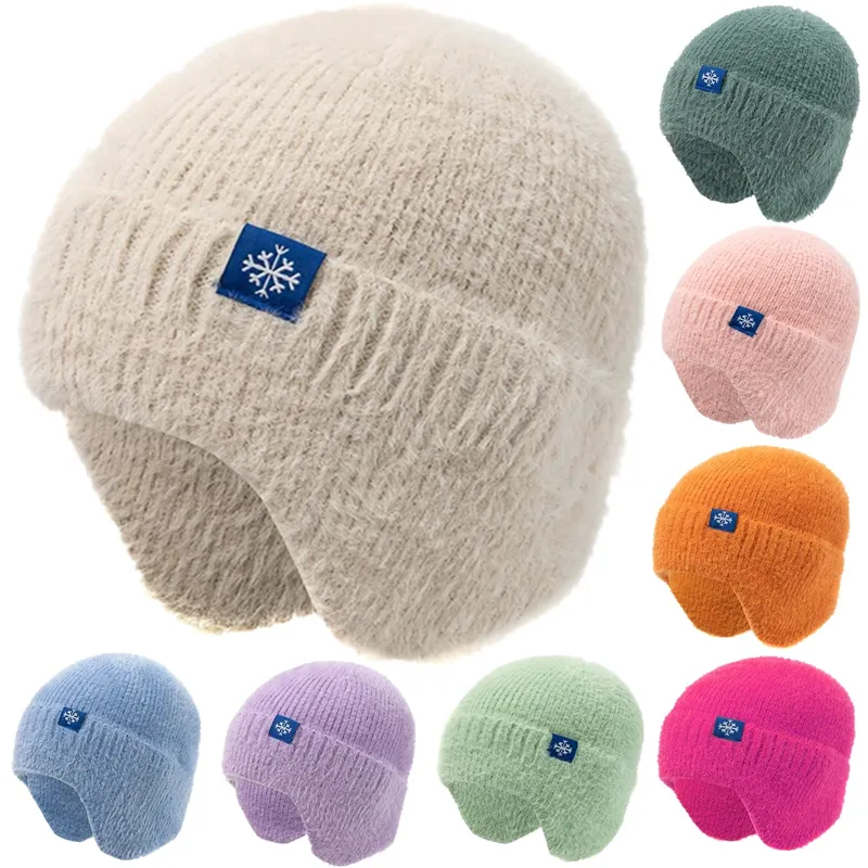 Heißer Verkauf Frauen Earflap Winter Hut Candy Farben Mode Faux Pelz Gestrickte Hut Kpop Stil Weiche Beanie Hüte Weibliche Streetwear Kappe