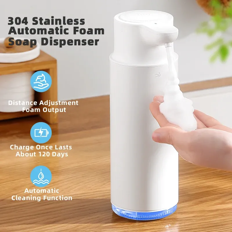 Automatischer Seifenspender aus Edelstahl, 320 ml, berührungslos, wiederaufladbar, Schaum-Händedesinfektionsmittelspender, IPX5, wasserdicht, für Küche und Badezimmer