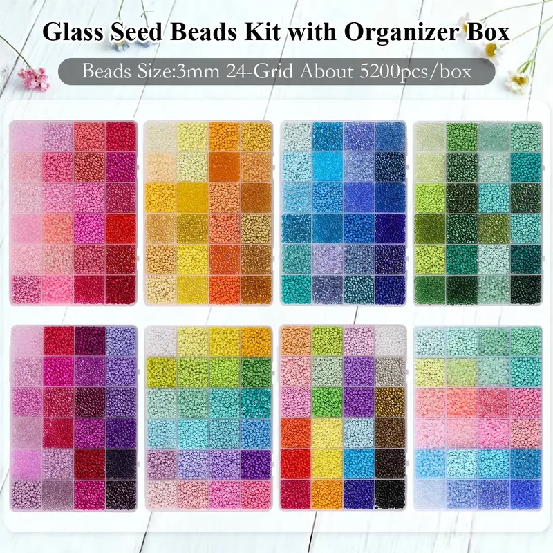 Set mit 5200 Glas Rocailles 3mm in Organizer Box mit 24 Fächern, Perlen Set für DIY Armband Halskette Ohrring Schmuckherstellung Bastelmaterial