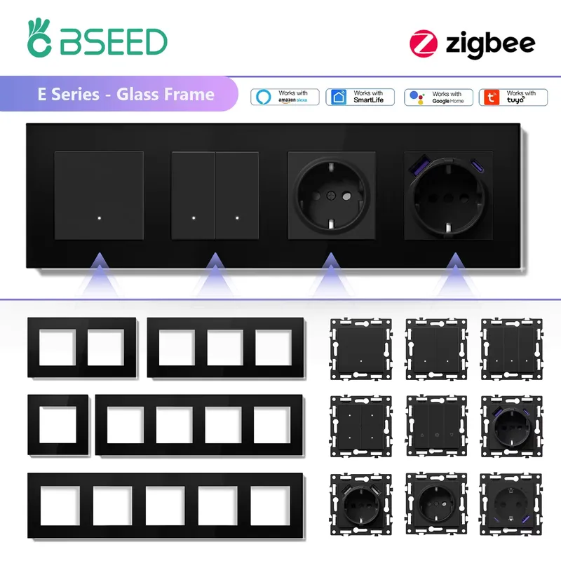BSEED Zigbee Click Smart Wandlichtschalter Funktionsteile EU-Steckdosen Steckdosen Glasschalterrahmen DIY Kostenlose Kombination