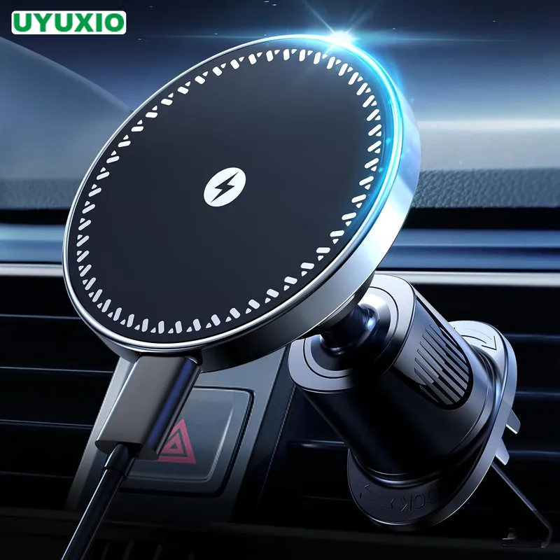 UYUXIO Starker magnetischer kabelloser Autotelefon-Ladegerät-Adapter, 15 W, Entlüftungs-Autotelefonhalter für iPhone 16 15 14 13 Pro Max Plus 12