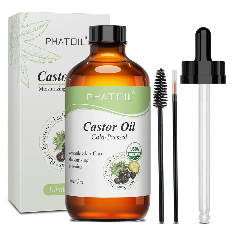 PHATOIL Bio-Rizinusöl, kaltgepresst, 100 % 118 ml/236 ml, Rizinusöle für Haarwachstum, Wimpern und Augenbrauen, feuchtigkeitsspendende Hautpflege