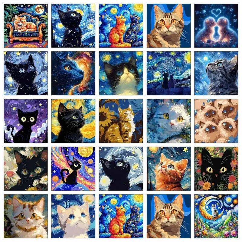 AZQSD Malen nach Zahlen, Katze, schwarzes Tier, Bilder auf Leinwand, Sternenhimmel, Handbemalungssets, Europa, Kunst, Heimdekoration