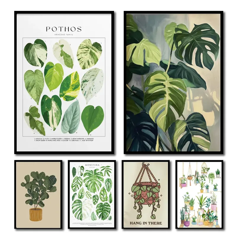 1 Stück grüne botanische Blätter, Innenkunstdruck, Zimmerpflanzen, Natur, drinnen, Leinwand, Wanddekoration, beruhigendes Poster, Laub und Pflanze
