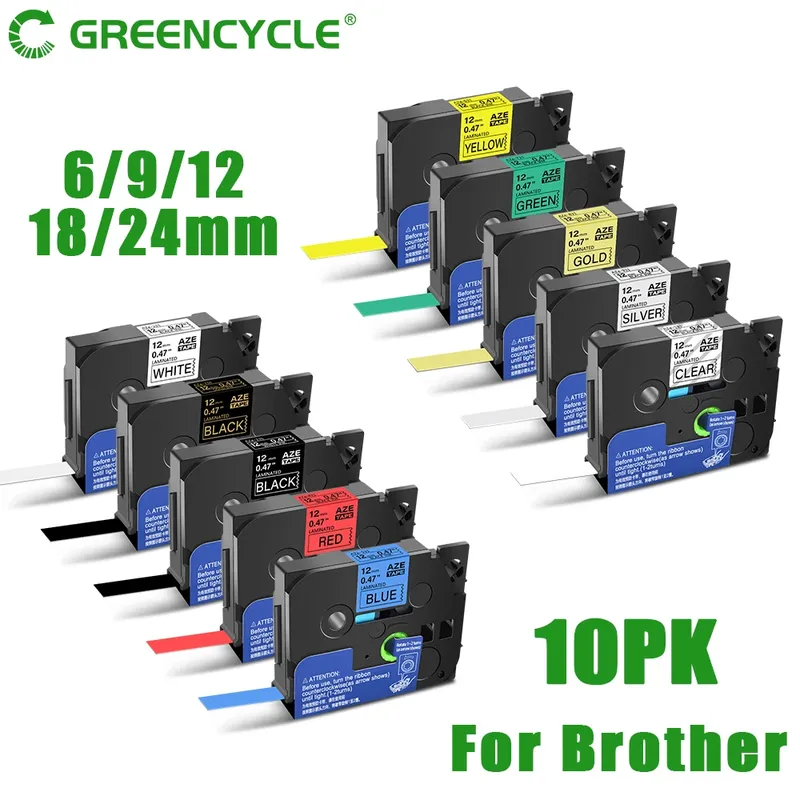 GREENCYCLE 5/10 Stück 12 mm laminiertes Klebeband, kompatibel mit Brother Tze-231 Tze231 221 241 335 für Brother P-Touch PTH110 Etikettendrucker