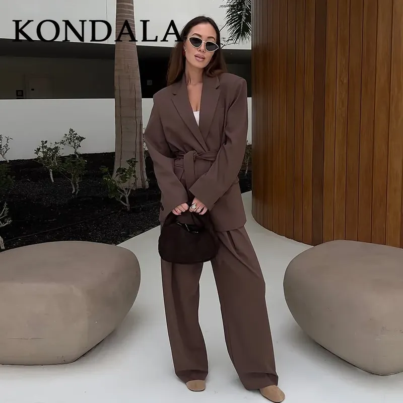 KONDALA 2026 Frühling Eleganter Brauner Damenanzug für Büro, Modischer Lässiger Blazer mit Gürtel, Oversized Shrug, Schicker Reißverschluss, Lange Hose