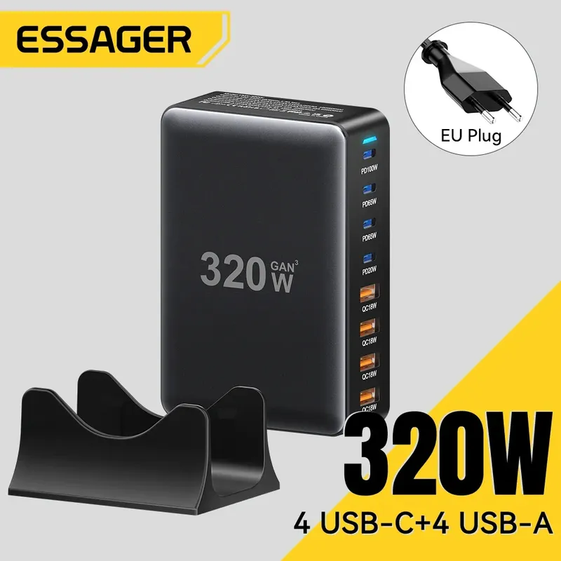 Essager 320W GaN Ladegerät 8Port USB Typ C Desktop Ladestation PD 100W Schnellladung für iPhone 17 16 15 iPad MacBook Laptop