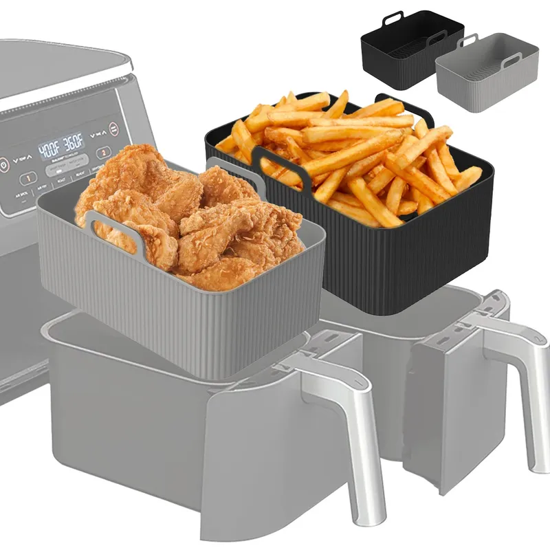 2Pcs Air Fryer Silikon Topf mit Griff Air Fryer Liner Hitzebeständige Silikon Korb Rechteck Backform Air Fryer Zubehör