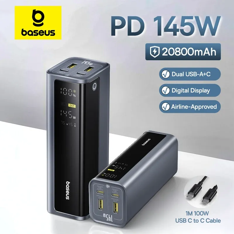 Baseus 145W Power Bank 20800mAh Dual USB A USB C PD 100W Schnellladung Digitalanzeige Tragbare PowerBank für Laptop Telefon Steam