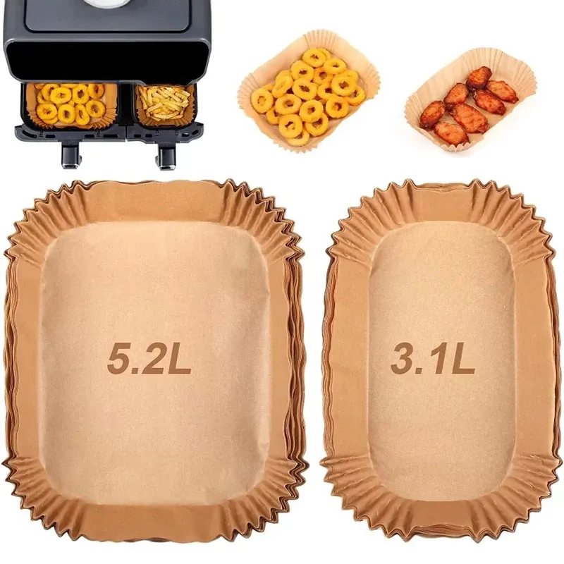 Rechteckige Luftfritteusen-Papiereinlagen für Tefal 5,2 l und 3,1 l Dual-Korb-Airfryer, Einweg-Papier, Küche, Backen, Kochzubehör