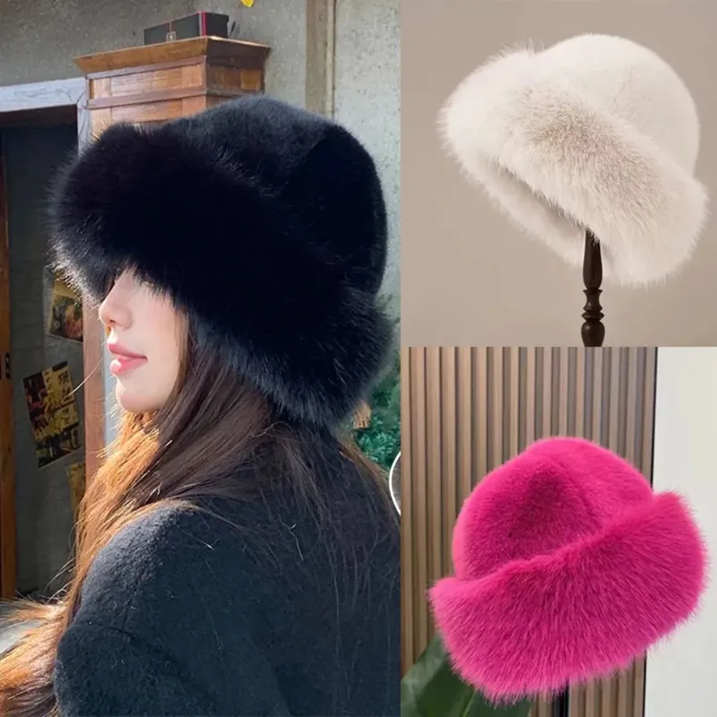 Warme Damen-Wintermütze, flauschiges Fell, Eimerhut für Damen, Plüsch-Fischerhut, verdickt, kalt, verschneite Tag, Panama-Kappe