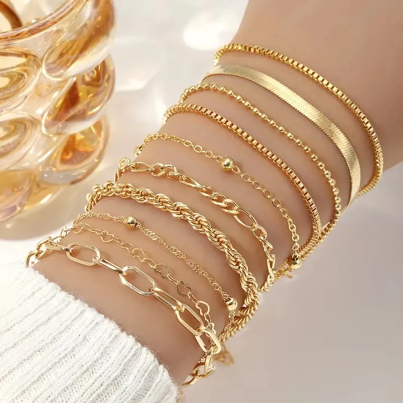 10 Stück Vintage Statement Goldfarbe Flache Schlangenkette Box Kettenarmband Boho Mehrschichtiges Metallarmband Damen Sommerschmuck