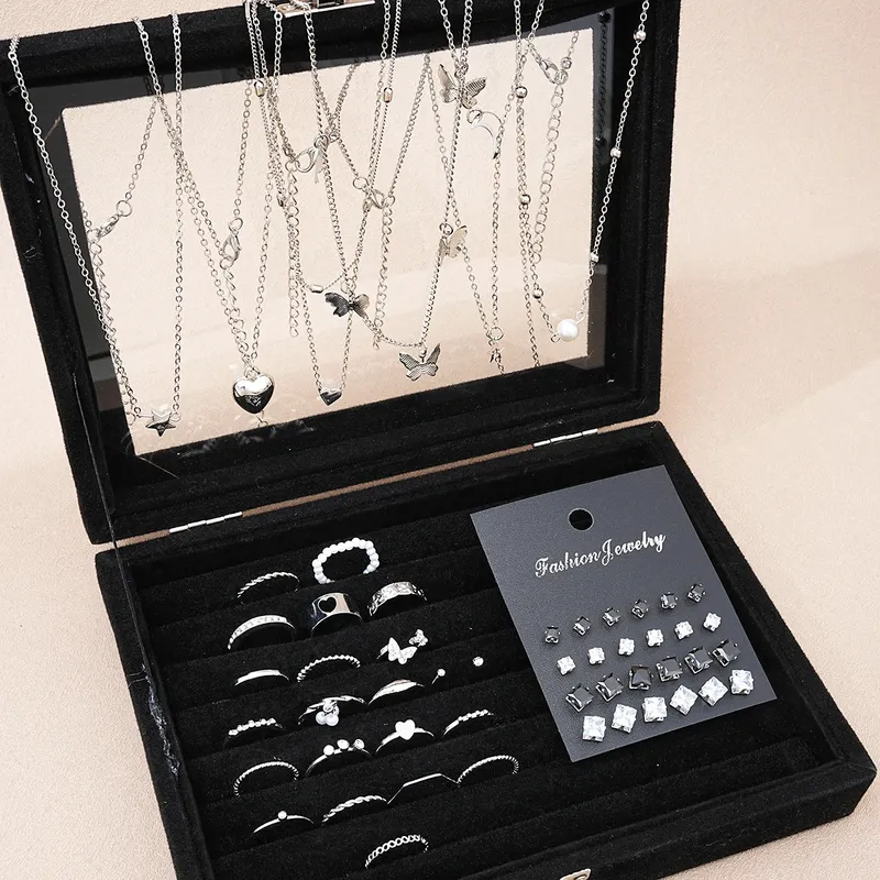 51 Teile/satz Silber Farbe Chic Schmuck Set Für Frauen Mode Schmetterling Herz Perlen Halsketten, Ohrringe, Ringe, passende Tägliche Outfits