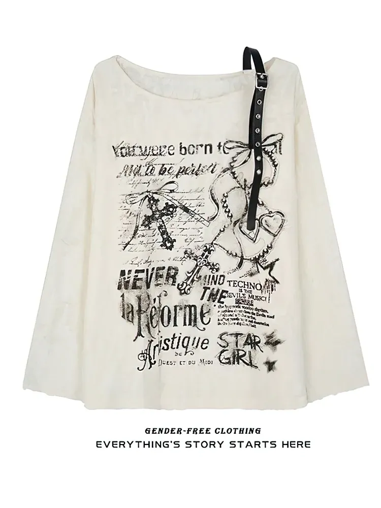 Vintage Y2K Oversize Off-Shoulder T-Shirt mit Print, Damen Ripped Top mit Löchern, Langarm, Baggy Basic T-Shirt, Pullover, Damenoberteile