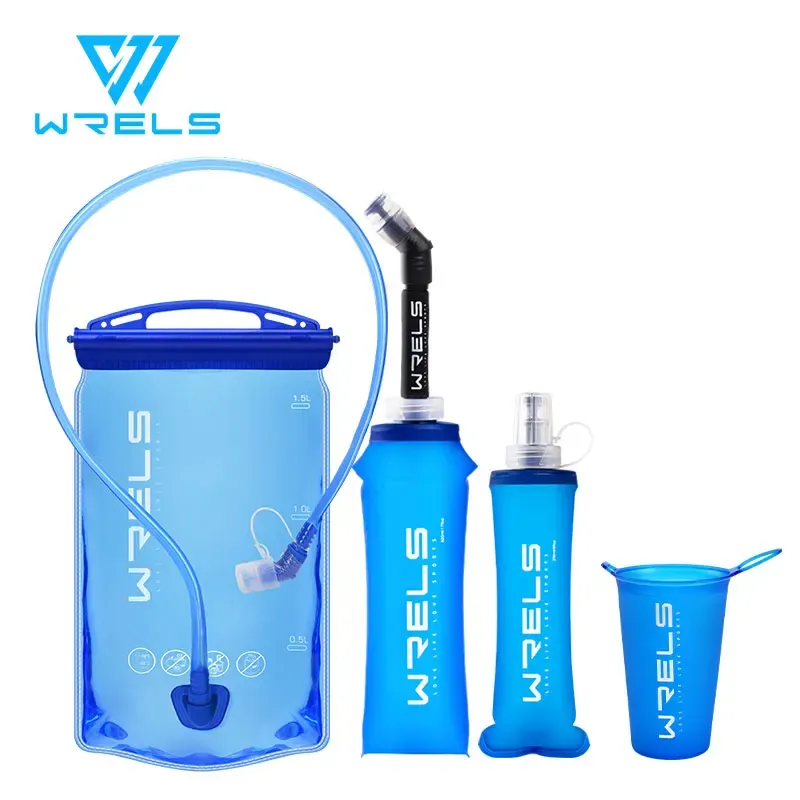 WRELS faltbare Silikon-Wasserflasche im Freien, Reisen, Sport, Laufen, Radfahren, Wasserkocher, Wasserflasche, BPA-frei, 500 ml, mit Strohhalm