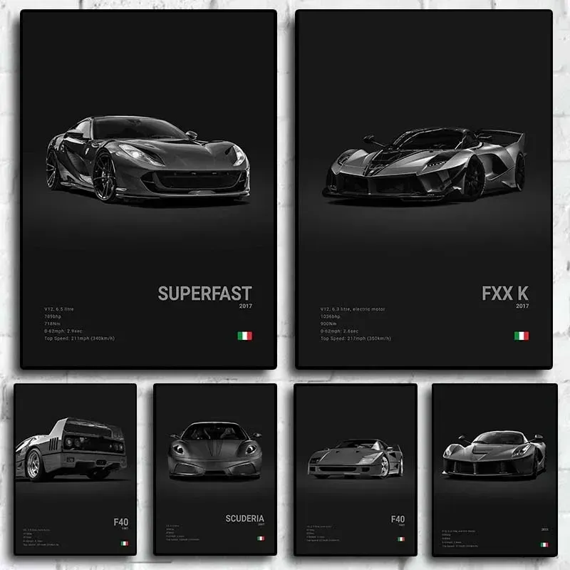 Pop Schwarz und Weiß Italien Autos Luxus Super Sport Auto Poster Ästhetische F40 GTO GTB Leinwanddruck für Wandkunst Garage Zimmer Dekor