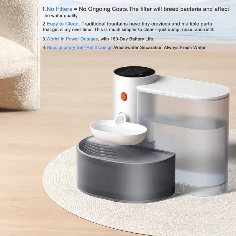 Intelligenter Haustier-Trinkbrunnen, 3L Kabelloser Katzen-Trinkbrunnen Ohne Filter, Batteriebetriebener Ultra-Leiser Katzenbrunnen Wiederaufladbar