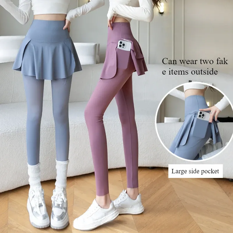 Frauen Gefälschte Zwei Stücke Leggings Nahtlose Fitness Leggings Hohe Taille mit Tasche Elastische Dünne Mode Hüfte Heben Yoga Hosen
