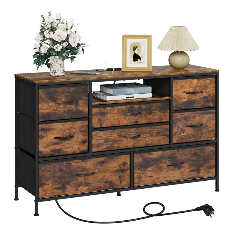 Kommode mit 8 Schubladen, Sideboards, TV-Schrank mit LED-Licht, 2 Steckdosen und USB für Wohnzimmer, Schlafzimmer, Flur, Organizer