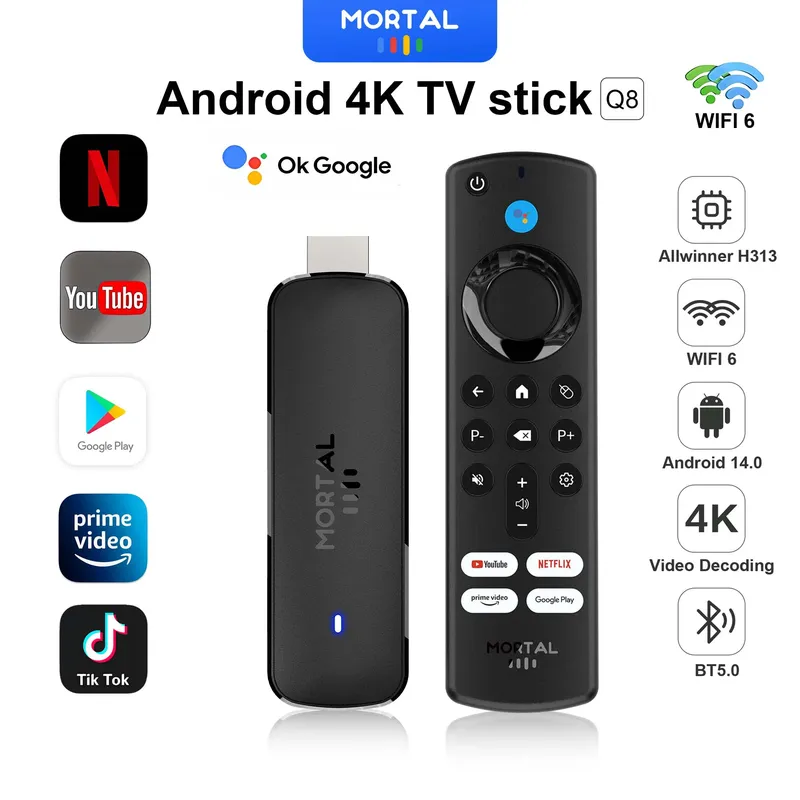 Android TV Stick Mortal Q8 Globale Version Sprachfernbedienung Android14 8K 4K Video Wifi6 Netflix YouTube Schnelles Streaming TV-Stick