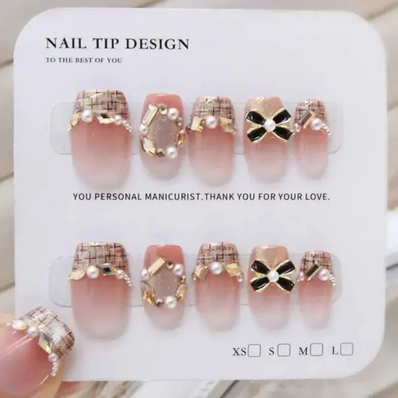 10-teiliges handgefertigtes Damen-Set im französischen Stil mit Diamanten, Schleife, zum Aufdrücken der Nägel, glänzendes Rosa, künstliche Nägel, Nagelkunst, abnehmbare Nagelspitzen