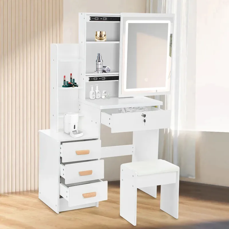Schminktisch mit LED-Beleuchtung Spiegel,einstellbare Helligkeit, Schminktisch mit Stuhl,   mit 4 Schubladen und6 Ablagen, Modern Kosmetiktisch aus Holz, Weiß