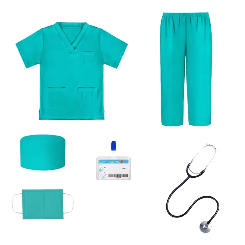 6-teiliges Arzt-Uniform-Set, medizinisches Kostüm, grüner OP-Kittel mit Stethoskop, Maske, Mütze, Rollenspiel-Outfit für Krankenhausparty