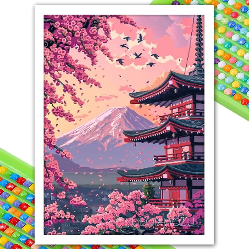 Digitale Landschaft, Diamantmalerei, Kirschblüten-Turm, Zuhause, Wandkunst, Dekoration, Kunsthandwerk, DIY-Geschenk, geeignet für Erwachsene, Anfänger