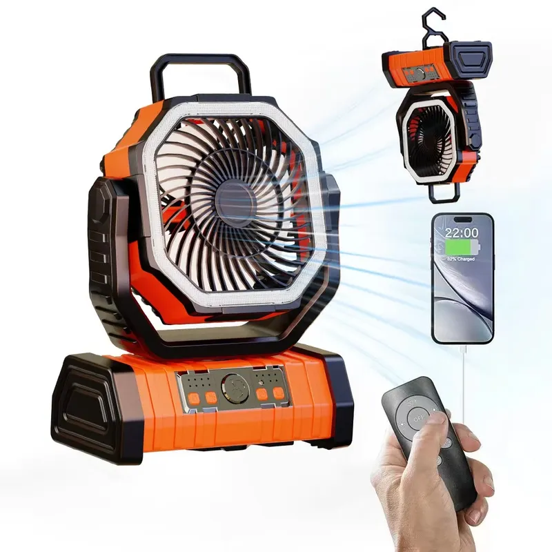 20000 mAh batteriebetriebener Ventilator, tragbarer wiederaufladbarer Schreibtisch-/Campingventilator mit LED-Licht und Haken, Außenventilator für Zelt, Autoreisen