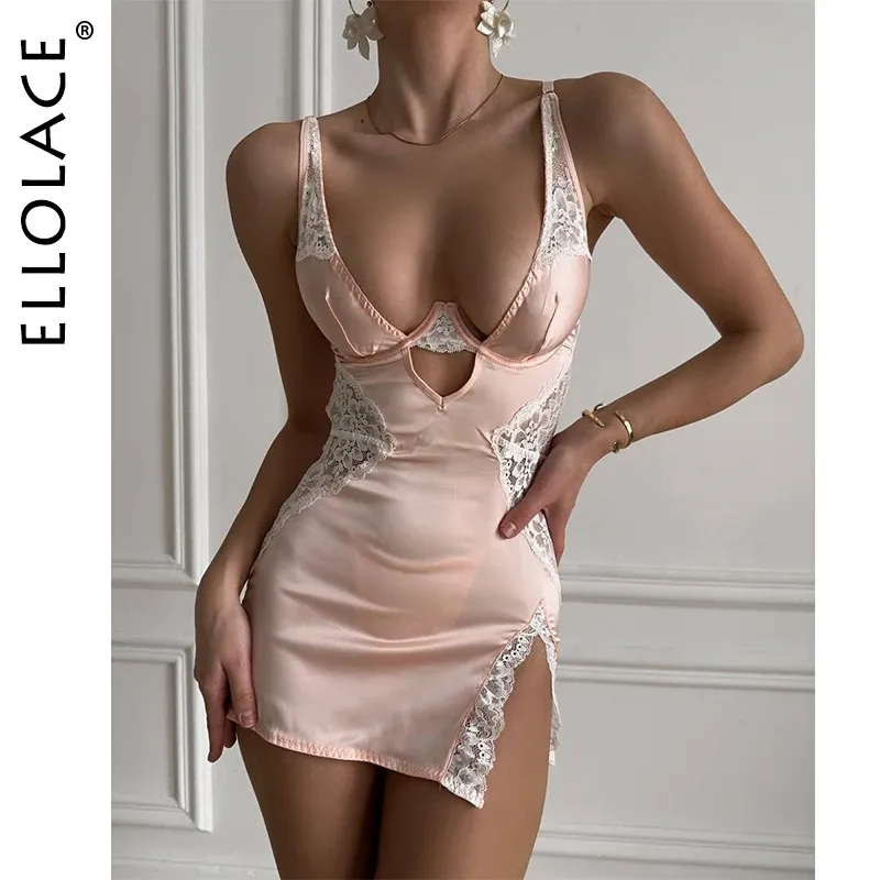Ellolace Sexy Tiefem V-ausschnitt Satin Kleid Sexy Dessous Spitze Patchwork Split Sissy Nacht Kleid Frauen Slip Kleid Seide nachtwäsche