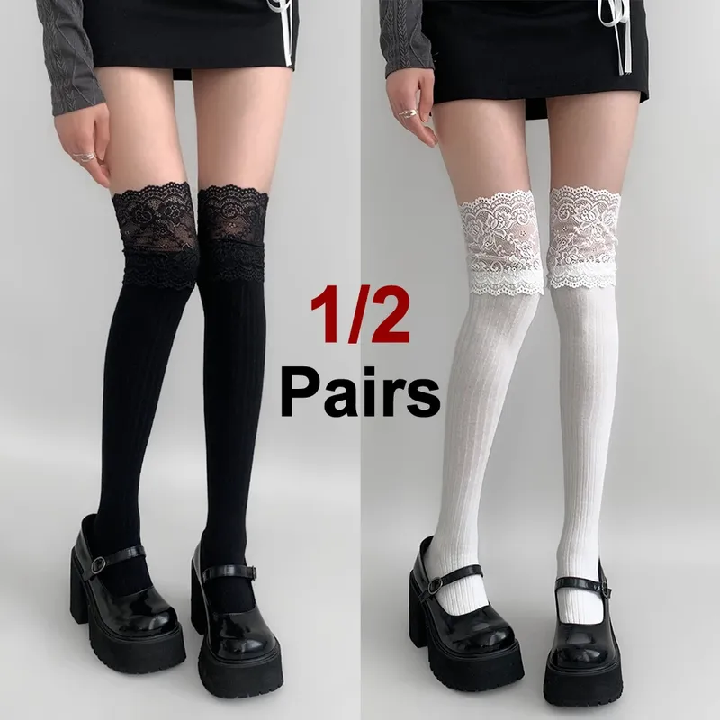 1/2 Paar Damen-Röhrensocken mit Spitze und seitlicher Länge, modischer Lolita-JK-Stil, schwarz, weiß, knielang, weich, bequem, lässig