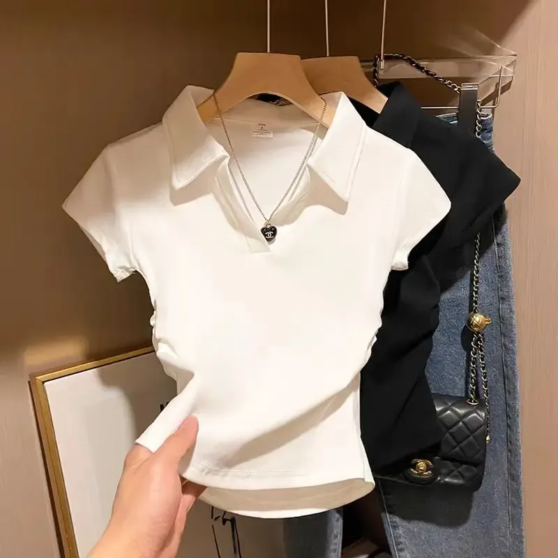 Baumwolle Sommer Sexy Damen T-Shirt Skinny Slim Basic Solid Crop Top Kurzarm Polo TShirtCasual Top T-Shirt für Frauen