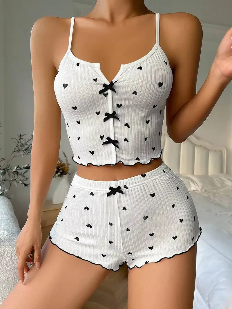 Süßes Damen-Pyjama-Set mit Herz-Aufdruck, Salatbesatz, Schleife vorne, Cami-Top und Shorts, Pyjama-Set, weiche Nachtwäsche