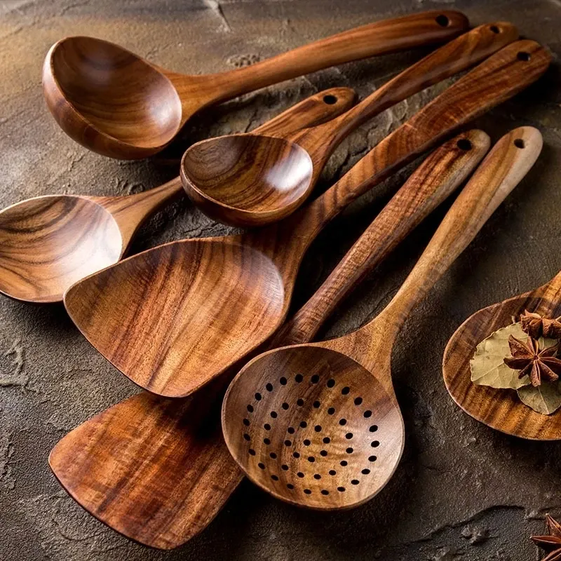 1–10 Stück Kochlöffel aus Holz, glatte Teakholz-Kochutensilien, antihaftbeschichtete Kochutensilien aus Holz – Holzlöffel-Set