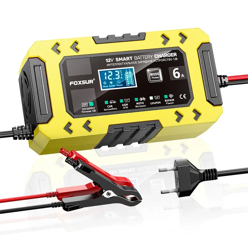 FOXSUR Vollautomatisches Autobatterieladegerät, 12 V, 6 A, Digitalanzeige, 10-stufiges Batterieladegerät, Power Puls Reparatur, Motorradladegeräte