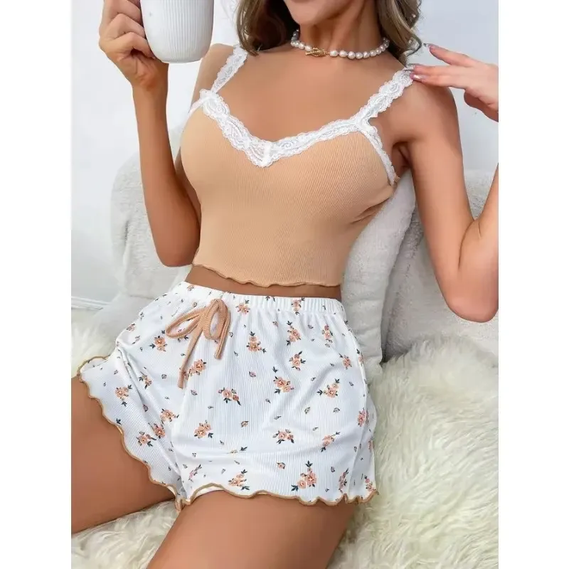 2-teiliges Damen-Pyjama-Set, rosa Spitze, Patchwork, V-Ausschnitt, Nachtwäsche, sexy Nachthemden, Anzug, Cami-Top, bedruckte Shorts, weiche Pyjamas, Loungewear