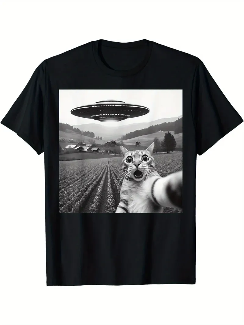 UFO und Katze Muster Druck T-shirt Frauen Männer Sommer Casual Lose Humorvolle Rundhals Kurzarm Oversize Top T-shirt Unisex