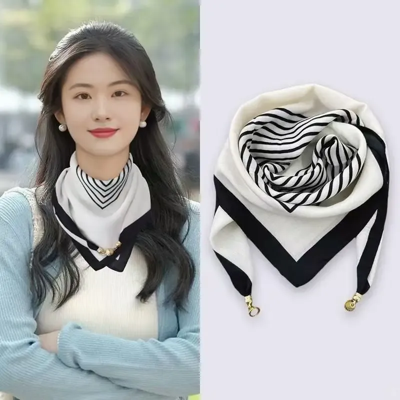 Neue Luxus Design Frauen Quadrat Schal Wraps Hals Magnetische Schnalle Schal Kreuz Schals Dreieck Schal Kreuz Halstuch Seide Schal